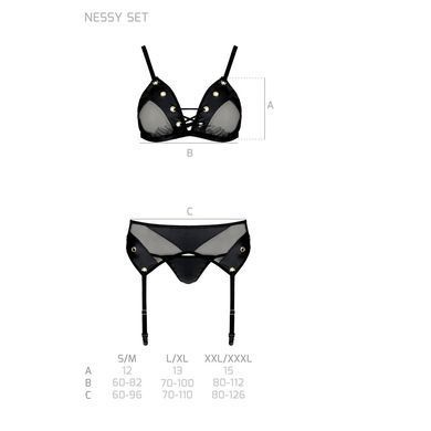 Комплект білизни Passion NESSY SET L/XL black, бюстгальтер, пояс для панчіх, стрінги SO8457 фото
