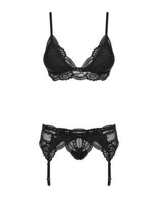 Мереживний комплект білизни Obsessive 810-SEG-1 S/M Black, бюстгальтер, стрінги, пояс для панчіх SO7163 фото
