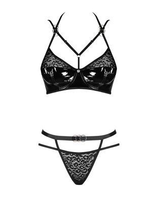 Еротичний комплект під латекс зі стрепами Obsessive Bagirela 2-pcs set S/M, чорний, під леопард, бюс SO7219 фото