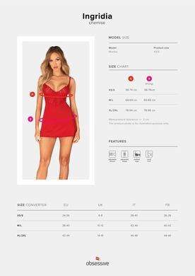 Пеньюар Obsessive Ingridia chemise & thong XS/S, красный, сорочка, стринги SO9036 фото