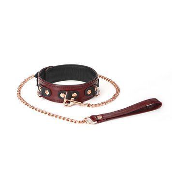Кожаный ошейник с поводком Liebe Seele Wine Red Collar and Leash, 3 кольца для крепления SO9451 фото