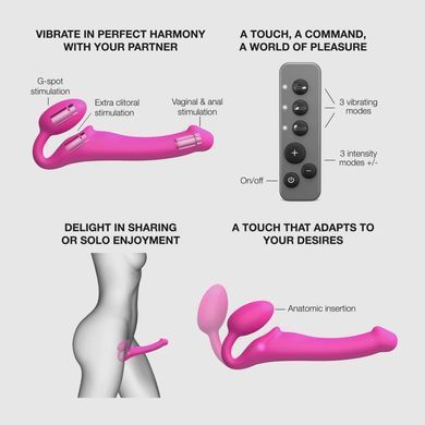 Безремневой страпон с вибрацией Strap-On-Me Vibrating Fuchsia M, диаметр 3,8 см, пульт ДУ, регулируемый SX2571 фото