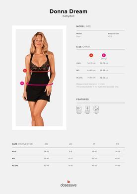 Сорочка бэби-долл с кружевом на груди Obsessive Donna Dream babydoll XL/2XL Black, стринги SO8632 фото